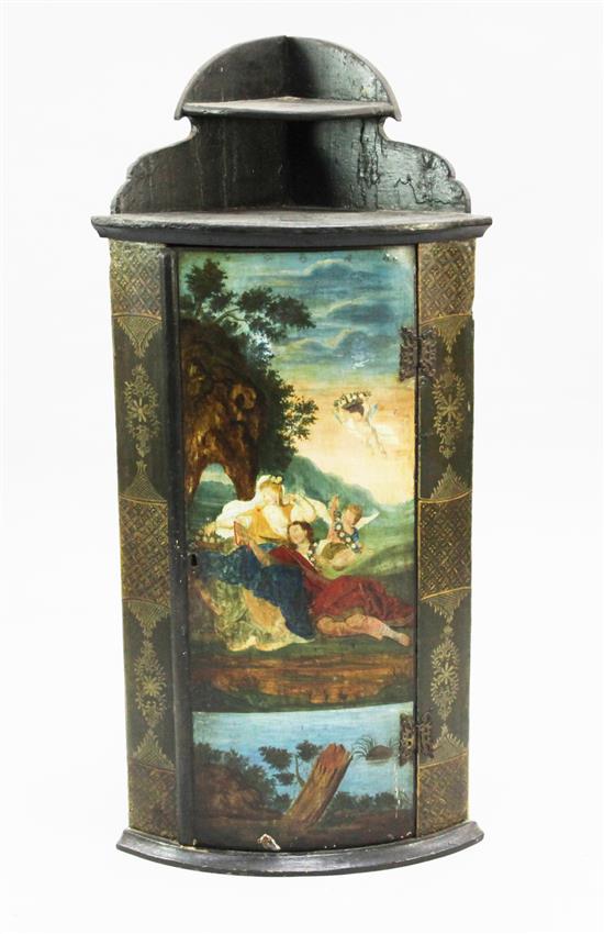 An 18th century painted bowfront hanging corner cupboard, W.1ft 8in.